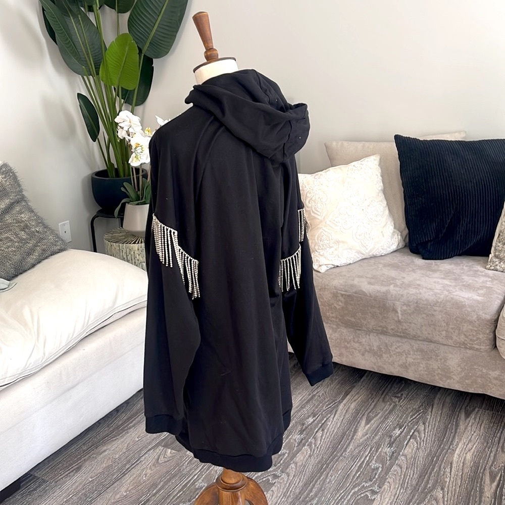 Hooded sweater dress with rhinestone fringed sleeves